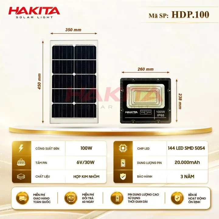 Đèn pha năng lượng mặt trời 100W HAKITA