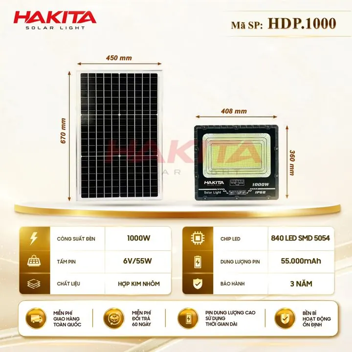 Đèn pha năng lượng mặt trời 300W – 1500W HAKITA